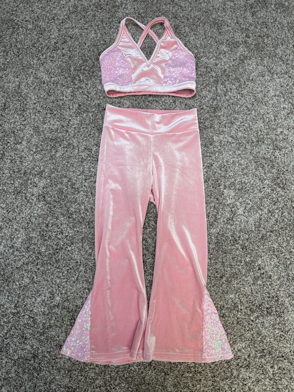 Girls Pink Velvet Sequin Sports Bra & Flared Leggings Set